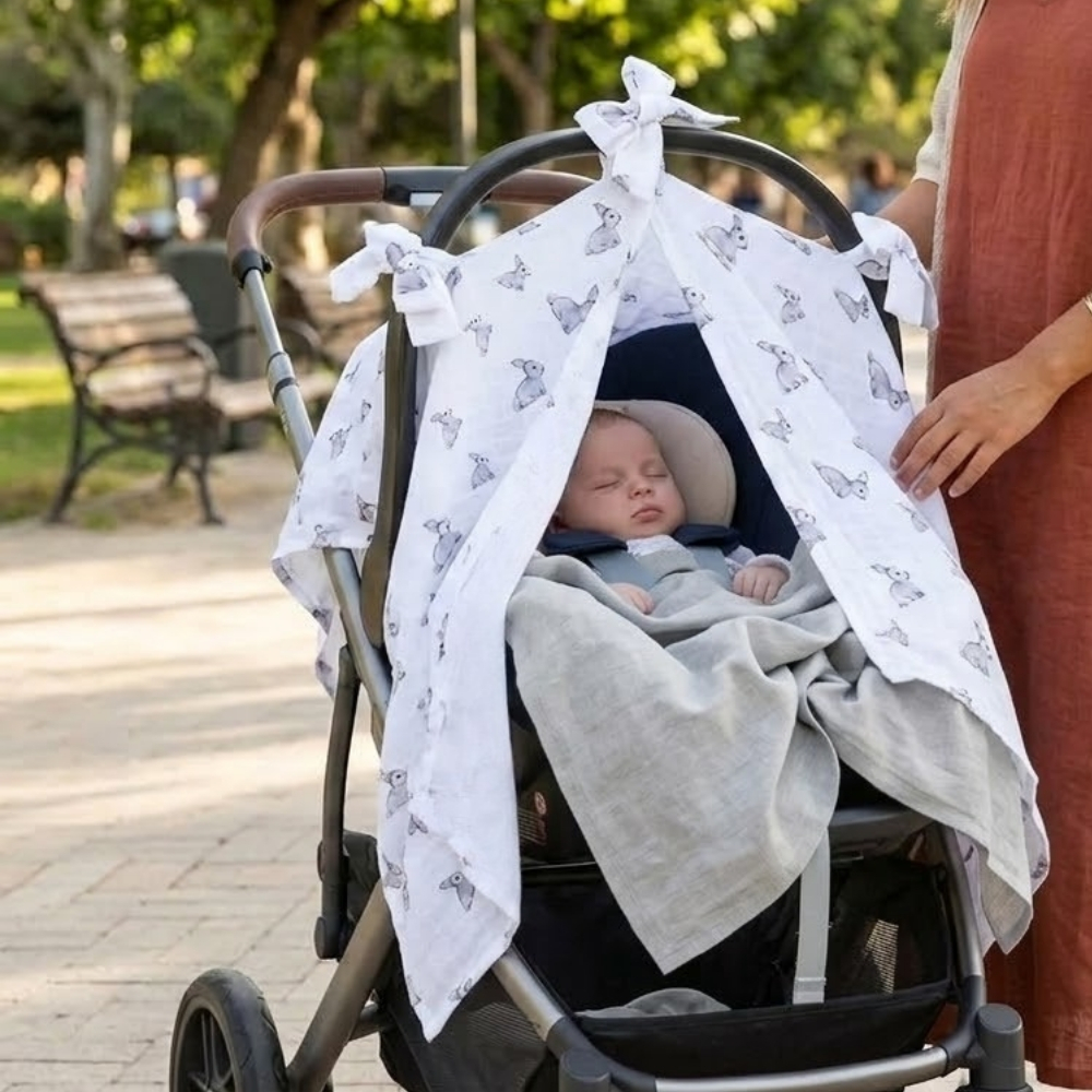 Muslin Pram Cover UK | Breathable Pushchair Shade | 114x77 cm | Deux Lapins