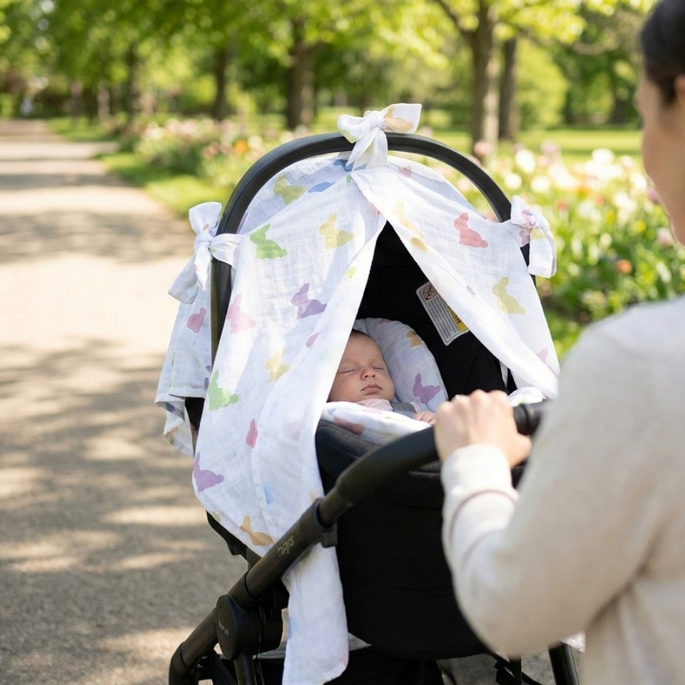 Muslin Pram Cover UK | Breathable Pushchair Shade | 114x77 cm | Deux Lapins