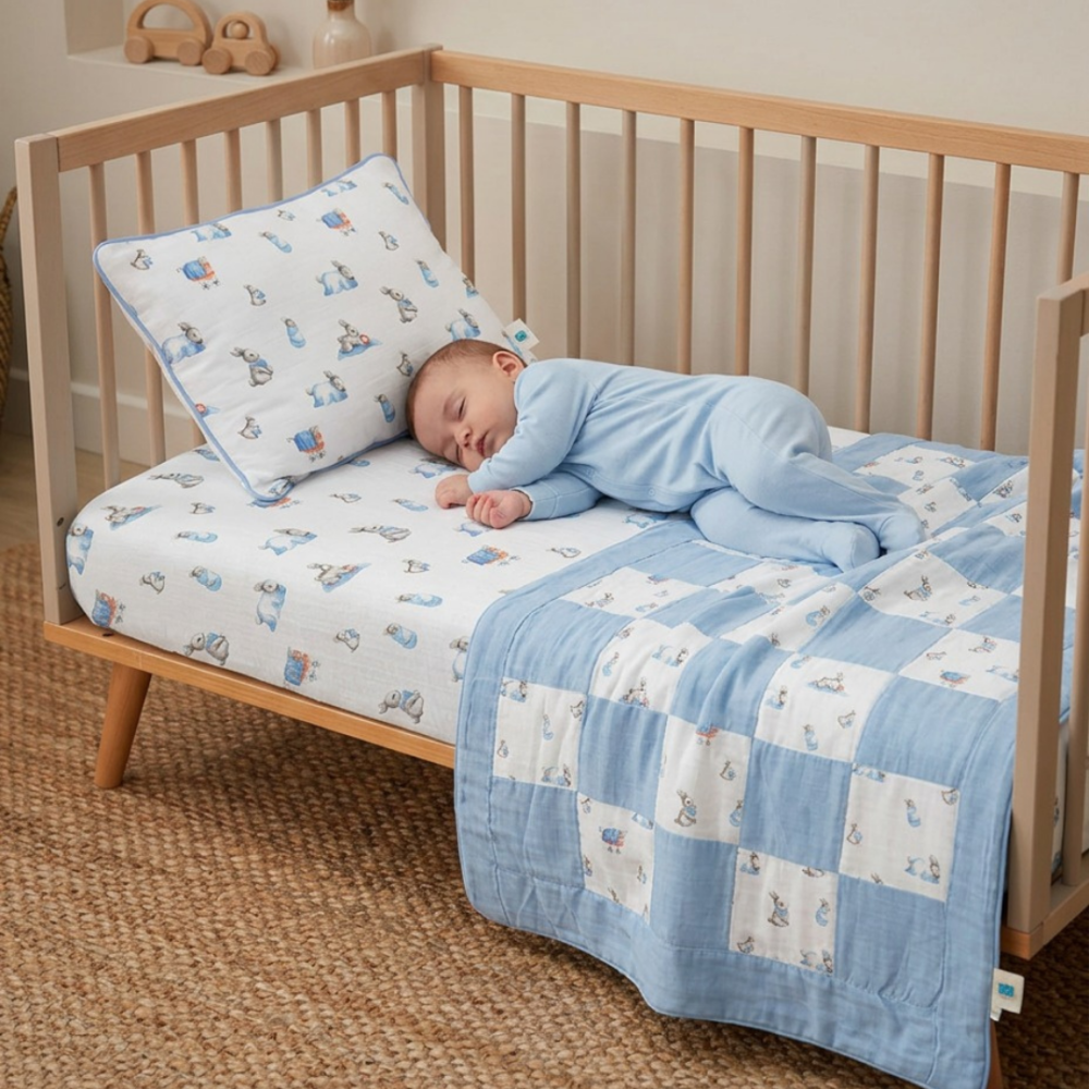 Muslin Fitted Cot Sheet UK | Bebe Lapin Blue Bunny Print | 70x140 cm | Deux Lapins
