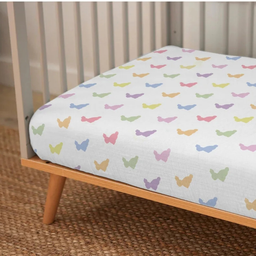 Muslin Fitted Cot Sheet UK | Rainbow Bunny Print | 70×140 cm | Deux Lapins