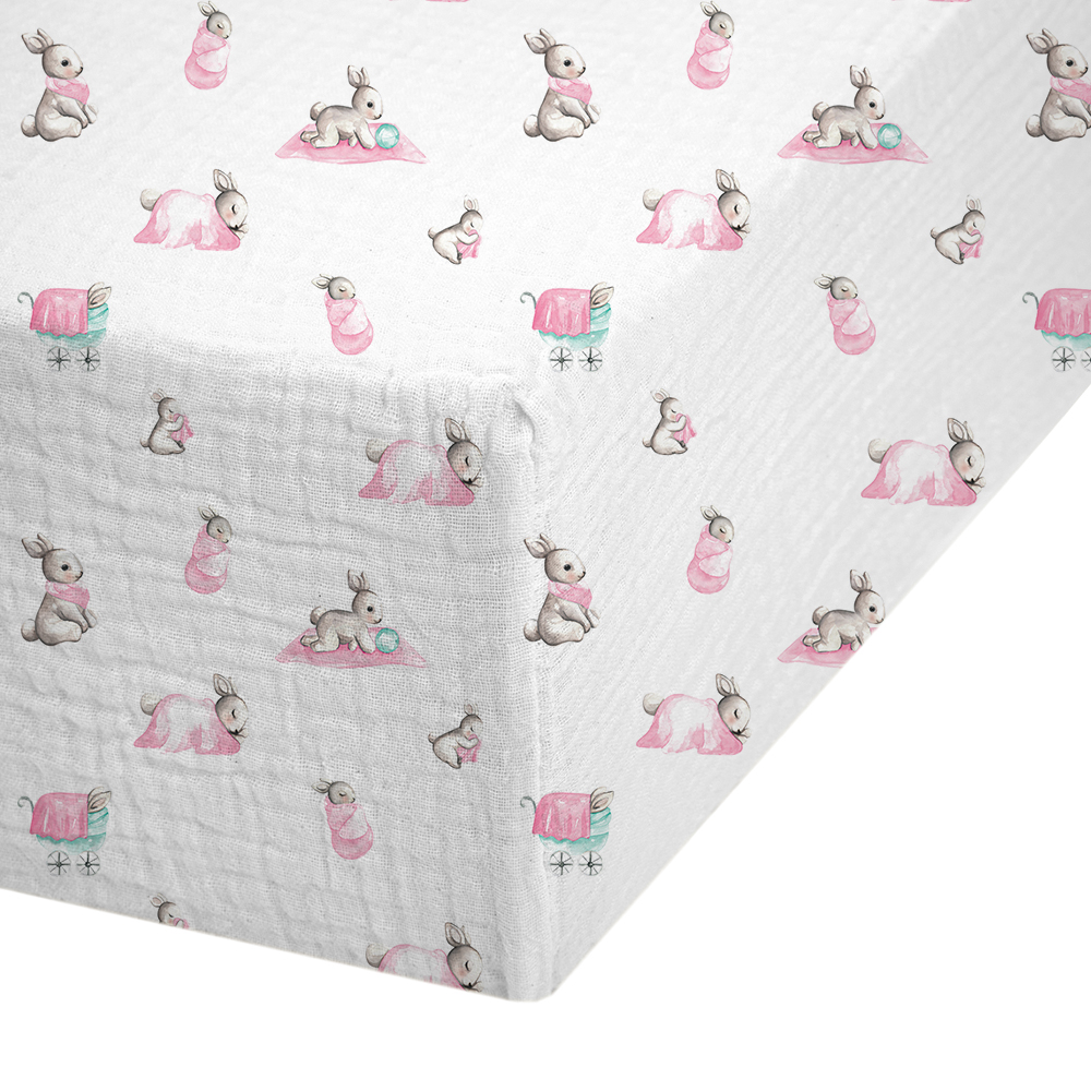 Muslin Fitted Cot Sheet UK | Pink Bunny Print | 70×140 cm | Deux Lapins