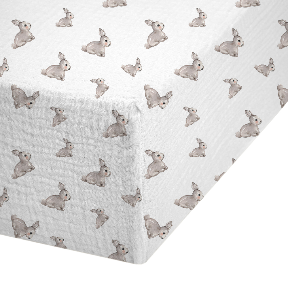 Muslin Fitted Cot Sheet UK | Grey Bunny Print | 70x140 cm | Deux Lapins