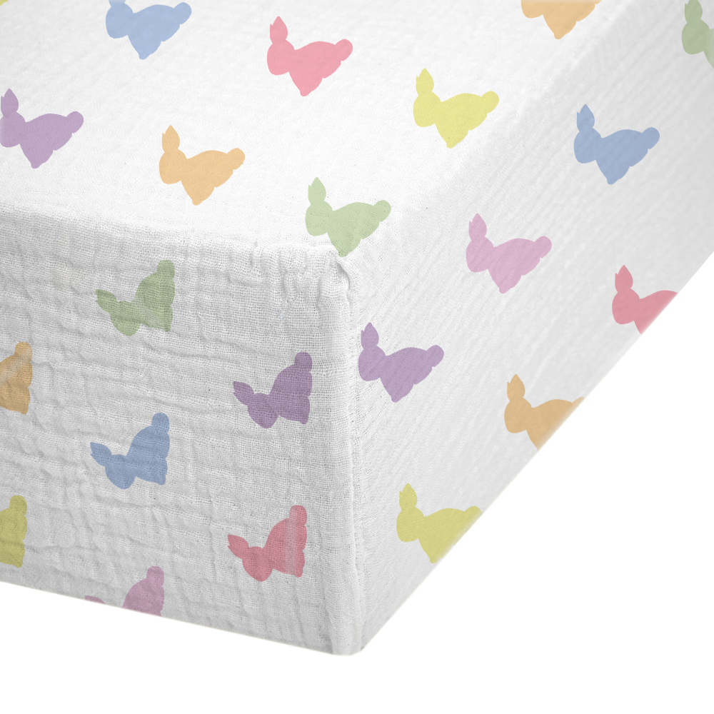 Muslin Fitted Cot Sheet UK | Rainbow Bunny Print | 70×140 cm | Deux Lapins